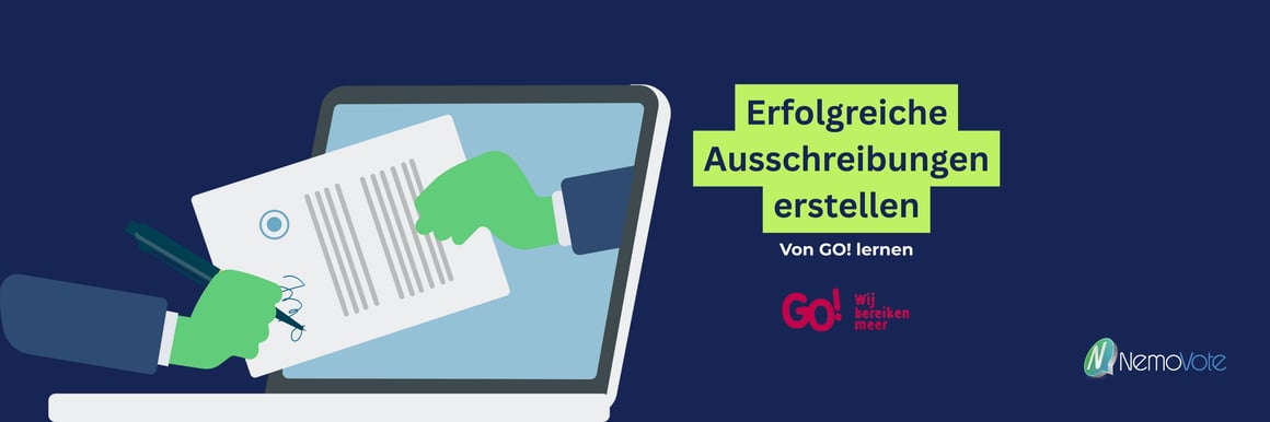 Erfolgreiche Ausschreibungen erstellen, von GO! lernen. GO und NemoVote Logo. Vertragsunterschrift im Monitor eines Laptops von zwei Händen.