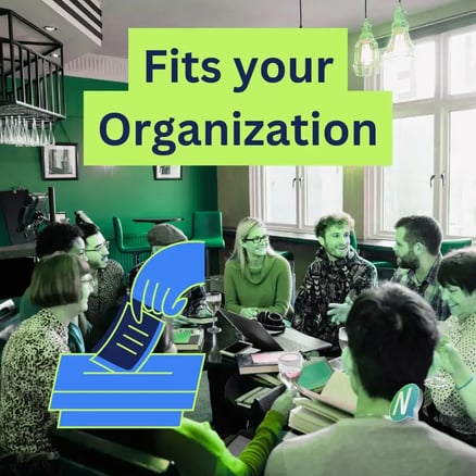 Association or NGO meets, small live presence meeting, above text "Fits your organization", small ballot graphic