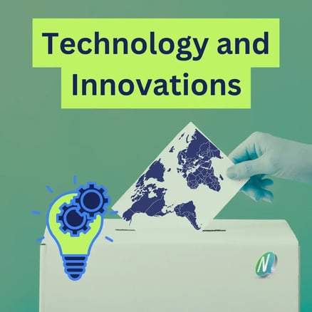 A ballot with a world map is placed in a ballot box, with the text "Technology and Innovation" above it, a small NemoVote logo, and a small lightbulb icon. Interpretation: Shows the innovation of international, digital voting.