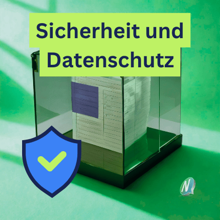Gläserne Wahlurne zeigt digitalen Stimmzettel. Darüber der Text "Sicherheit und Datenschutz", Sicherheits-Schild-Icon und NemoVote Logo.
