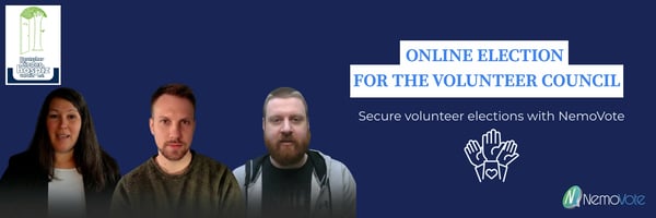 Hero image for a NemoVote podcast article about DKHV’s online election for the Volunteer Council, showing three speakers, the DKHV logo, a volunteer icon, and the NemoVote logo on a dark blue background.