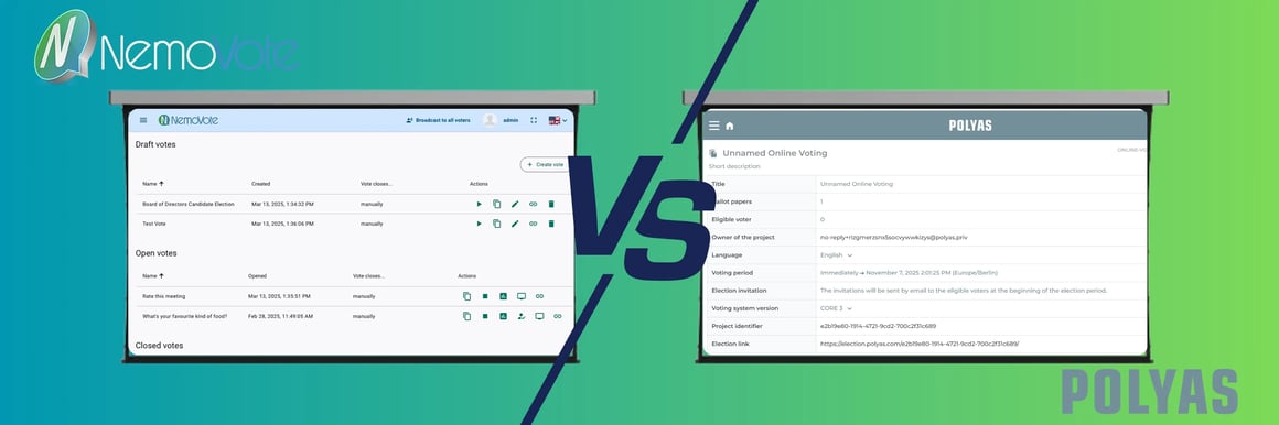 Side-by-side comparison image showing the NemoVote dashboard on the left and the POLYAS interface on the right with a VS divider on a teal–green gradient background