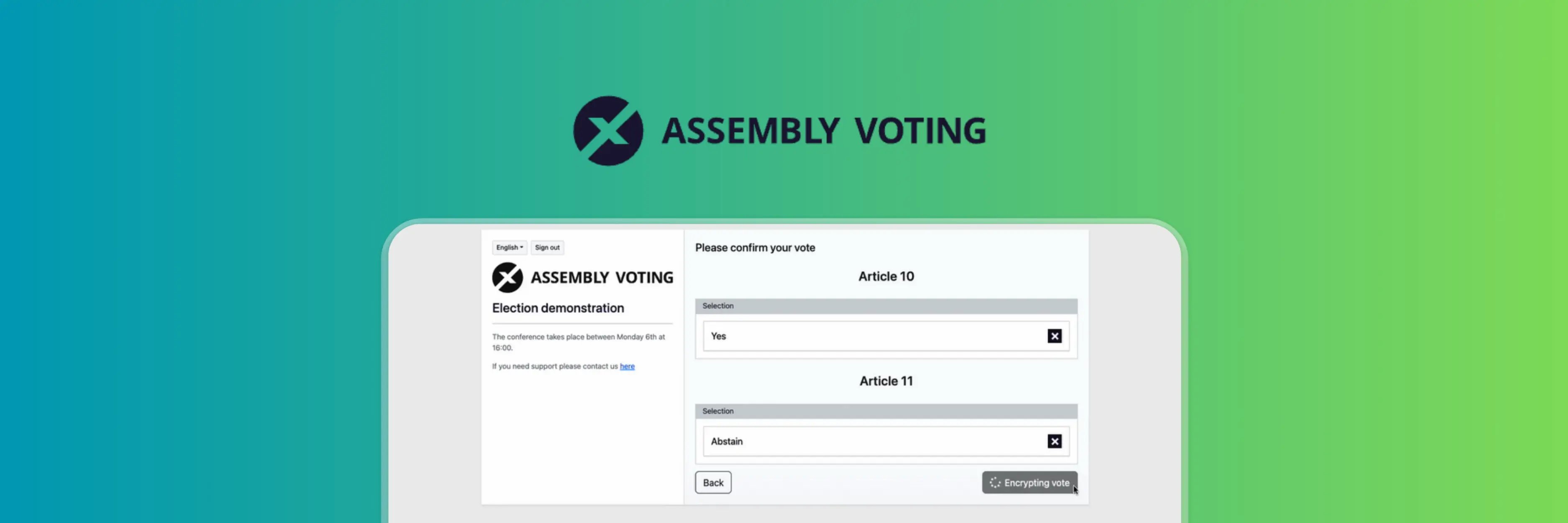 Assembly Voting ballot confirmation screen showing selected votes for Article 10 and Article 11, with an encryption notice indicating secure vote submission in an online election system.
