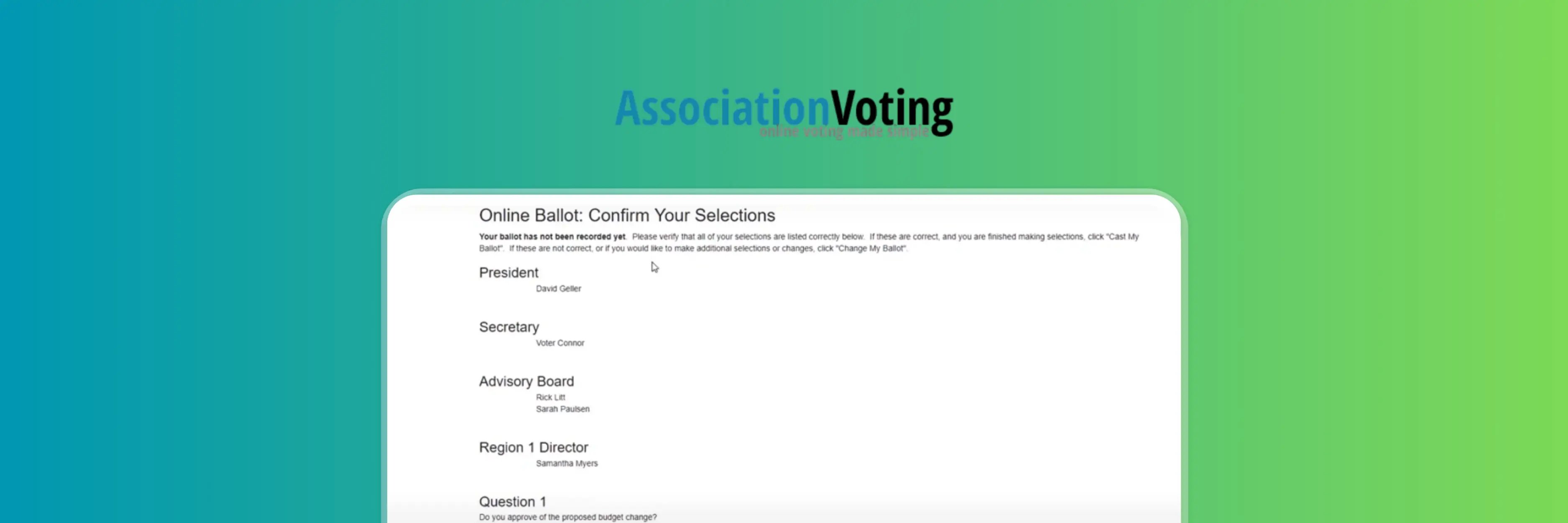 AssociationVoting online ballot confirmation page where voters review their selections for positions like President, Secretary, Advisory Board, and Region Director before submitting their vote in a secure digital election system.