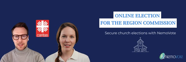 Podcast cover image showing Aaron Lesicar and Sina Steiner with the Caritas logo, presenting an online election for the Region Commission using NemoVote for secure church elections.