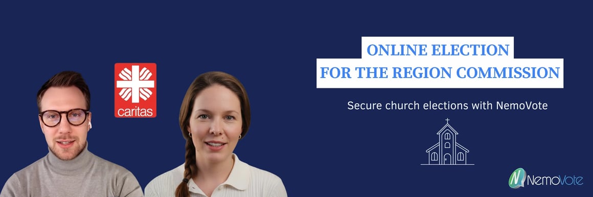 Podcast cover image showing Aaron Lesicar and Sina Steiner with the Caritas logo, presenting an online election for the Region Commission using NemoVote for secure church elections.
