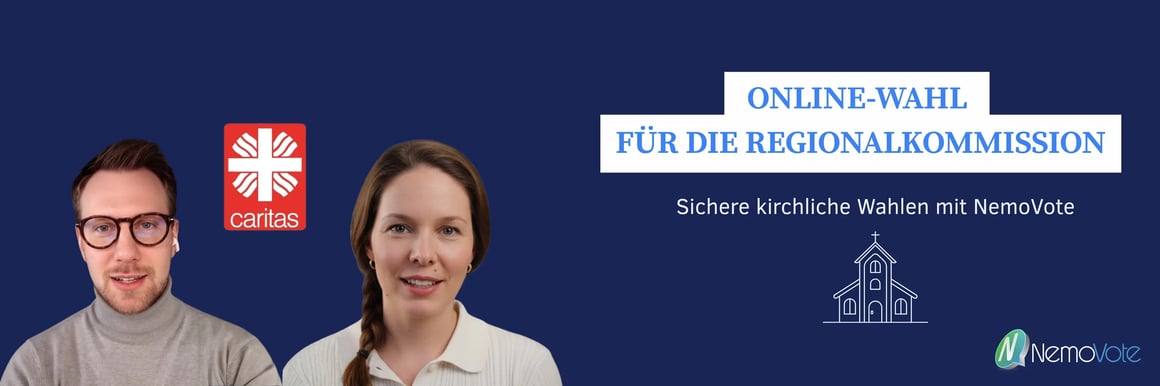 Podcast-Cover mit Aaron Lesicar und Sina Steiner sowie dem Caritas-Logo zur Online-Wahl der Regionalkommission mit NemoVote für sichere kirchliche Wahlen.