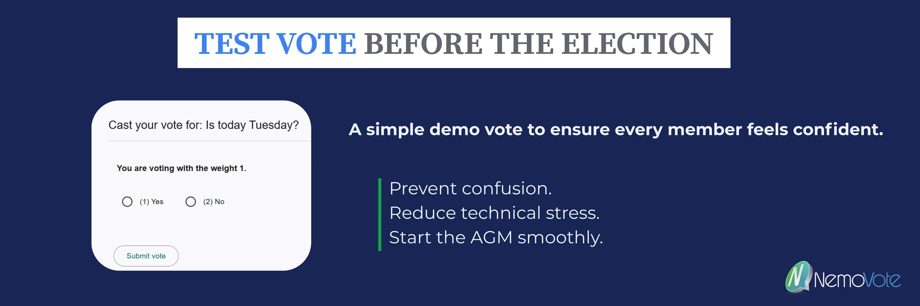 Illustration showing a test vote before an election, where members participate in a simple demo ballot to ensure they understand the online voting process before the official AGM election begins.