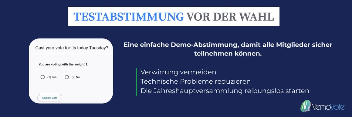 Grafik einer Testabstimmung vor einer Vereinswahl, bei der Mitglieder eine einfache Demo-Abstimmung durchführen, um den Online-Abstimmungsprozess zu verstehen und technische Probleme vor der Jahreshauptversammlung zu vermeiden.