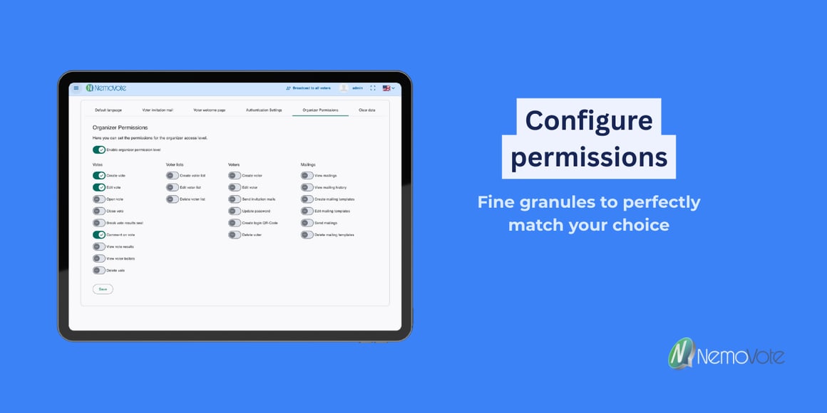 Konfiguriere die Organisatorberechtigungen für Wahlleiter in NemoVote mit der Tablet-Ansicht der Konfigurationseinstellungen.