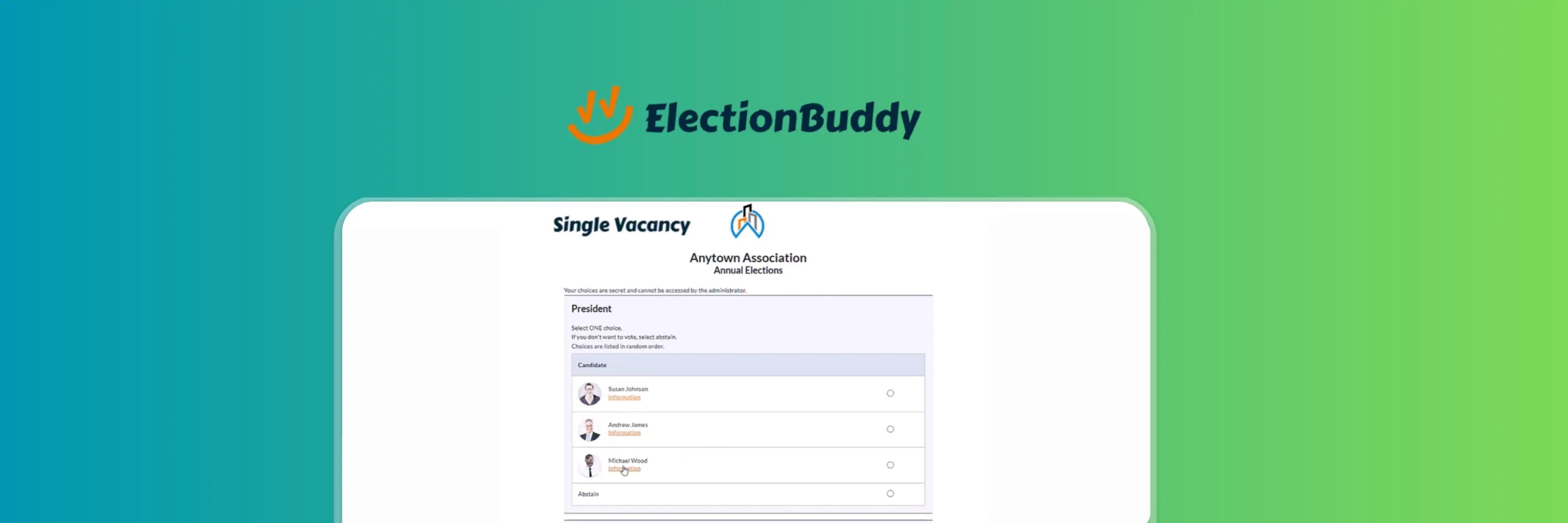 ElectionBuddy ballot interface for a single vacancy election, showing candidates with profile photos, option to abstain, and secure online voting layout for Anytown Association annual elections.