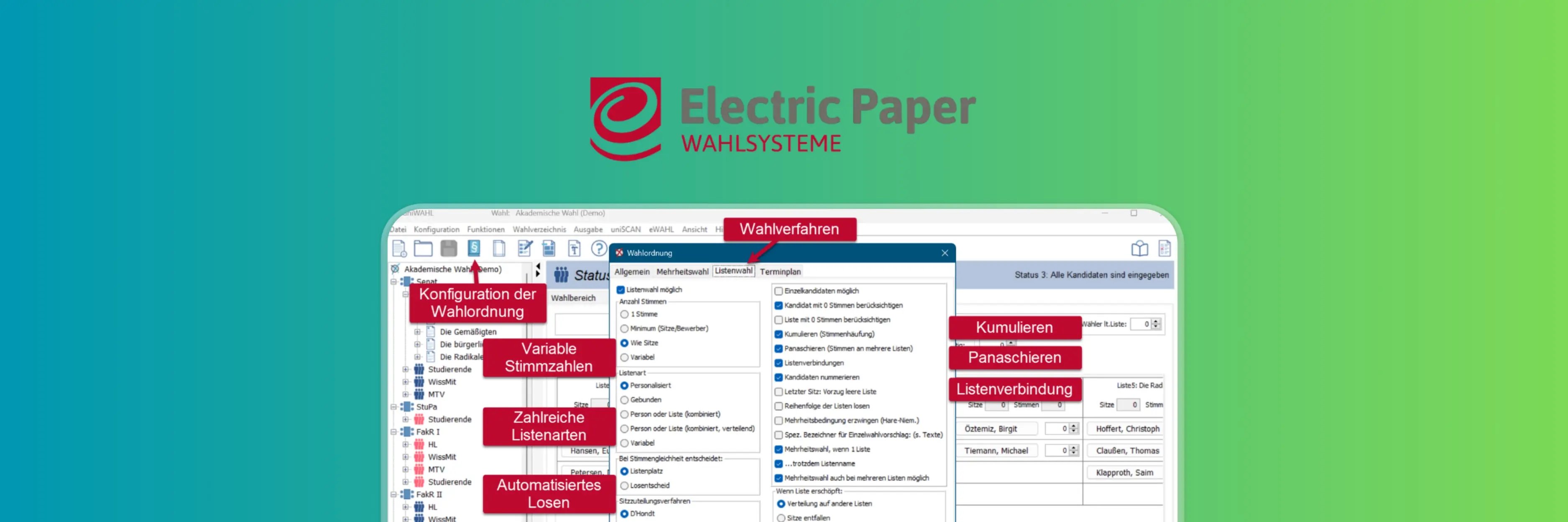 Electric Paper Wahlsysteme election management software showing list voting configuration options in German, including variable vote counts, multiple list types, automated lot drawing, cumulative voting (Kumulieren), panachage (Panaschieren), and list connections.