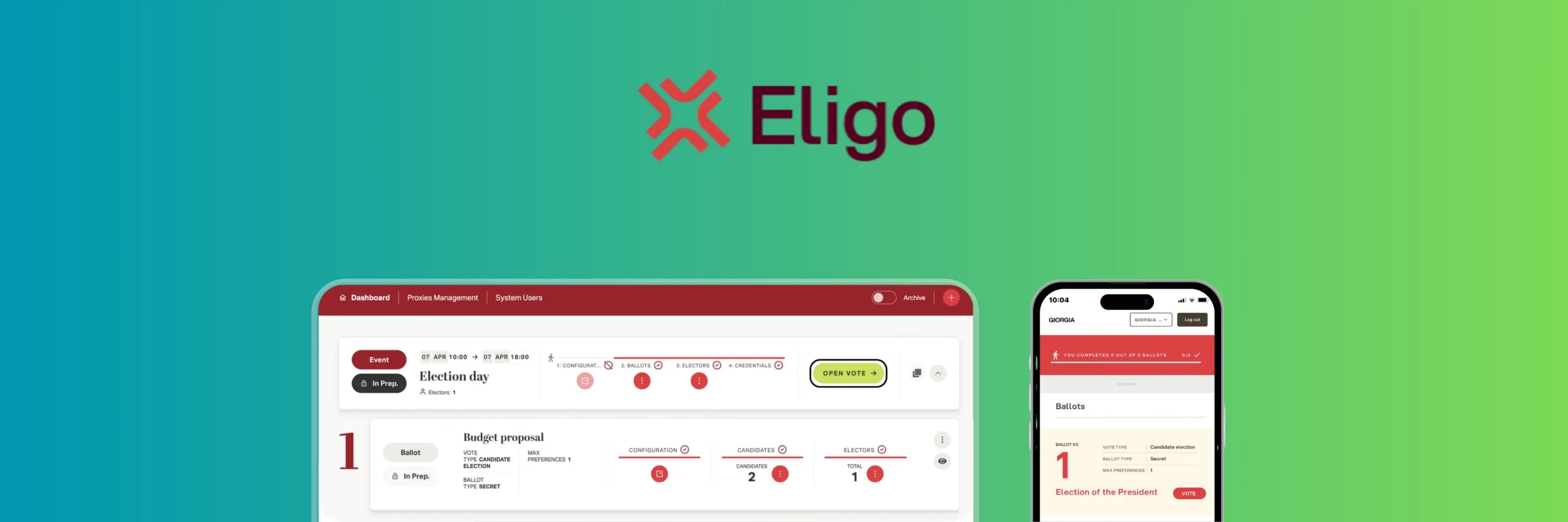 Eligo online voting platform showing admin dashboard for configuring elections and a mobile voting interface for casting ballots. Displays election setup steps, candidate options, and secure digital voting tools on desktop and smartphone.