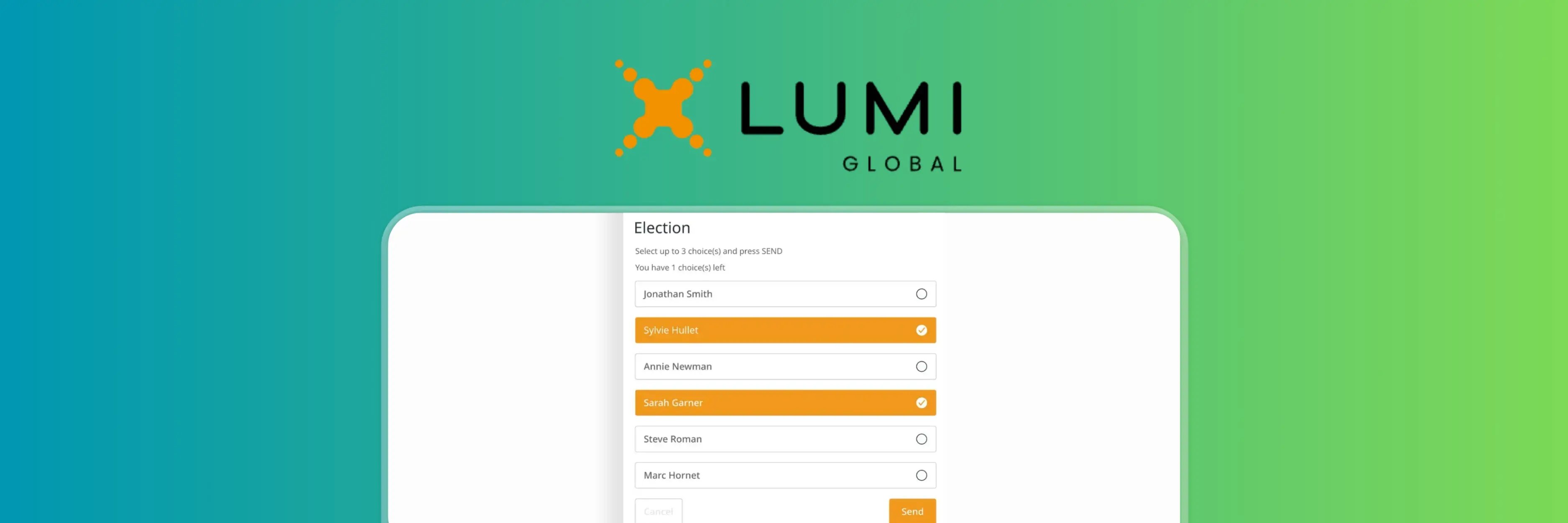 Online-Voting-Oberfläche von Lumi Global mit einem Mehrfachwahl-Stimmzettel, bei dem Wähler bis zu drei Kandidaten auswählen und ihre Stimme abgeben können. Die Kandidaten werden mit auswählbaren Kontrollkästchen angezeigt, wobei die gewählten Optionen hervorgehoben sind.
