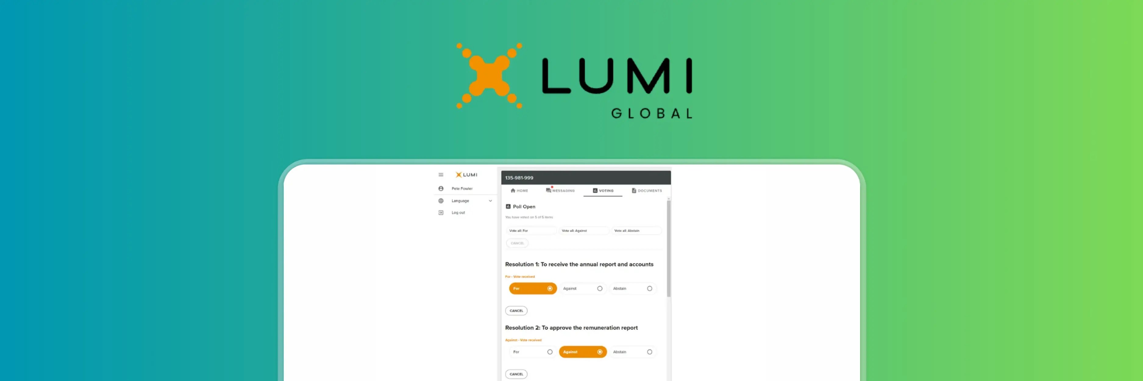 Lumi Global online voting platform displaying resolution-based ballot where voters choose For, Against, or Abstain for each motion. Interface shows poll status, voting options, and user menu for secure digital voting during a live meeting.