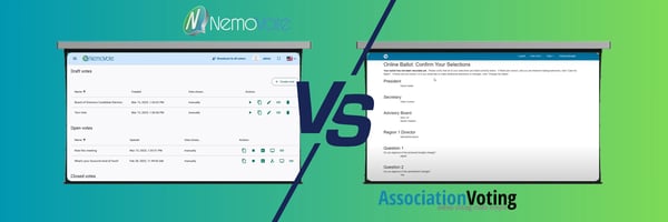 Side by side comparison of NemoVote and AssociationVoting user interfaces showing the admin dashboard and online ballot view