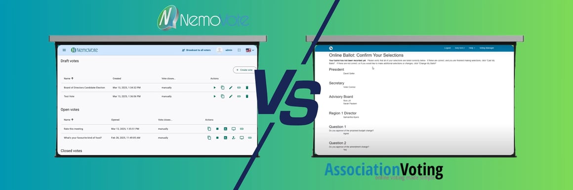 Side by side comparison of NemoVote and AssociationVoting user interfaces showing the admin dashboard and online ballot view