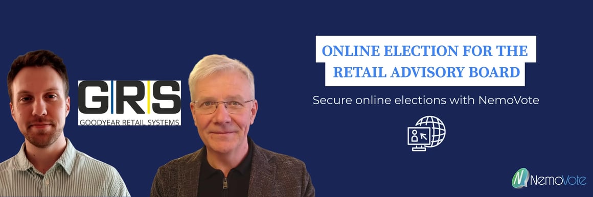 Banner showing an online election for the Retail Advisory Board conducted by Goodyear Retail Systems using the NemoVote secure online voting platform.