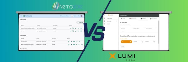 Side by side comparison of the NemoVote admin dashboard and the Lumi Global voting interface, highlighting differences in election management, user experience, and voting workflows.