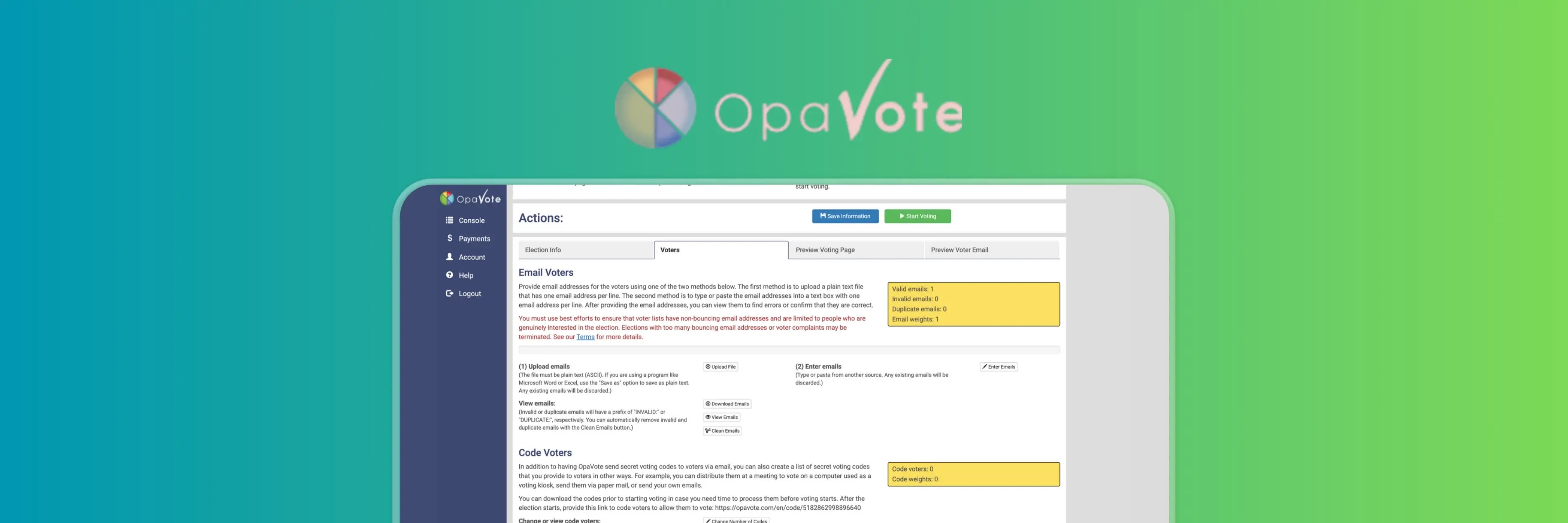 OpaVote admin dashboard showing voter email management tools, including options to upload voter emails, view valid/invalid addresses, download voter lists, and generate secret voting codes before starting an online election.