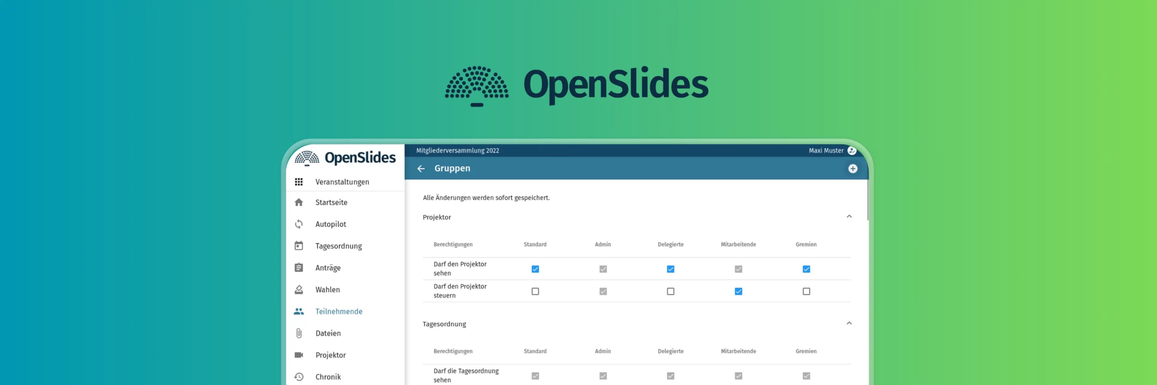 OpenSlides administration interface showing participant groups and permission management for meetings, agenda items, and voting processes.