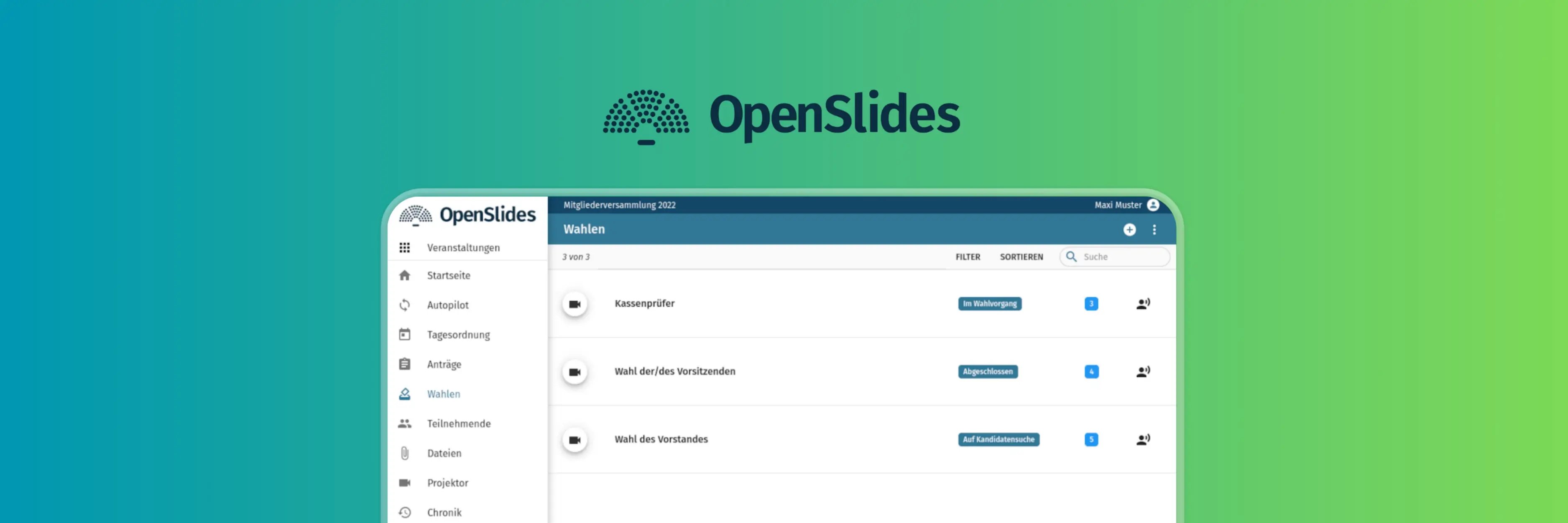 OpenSlides voting management dashboard showing election administration interface for organizing and managing digital votes and meetings.