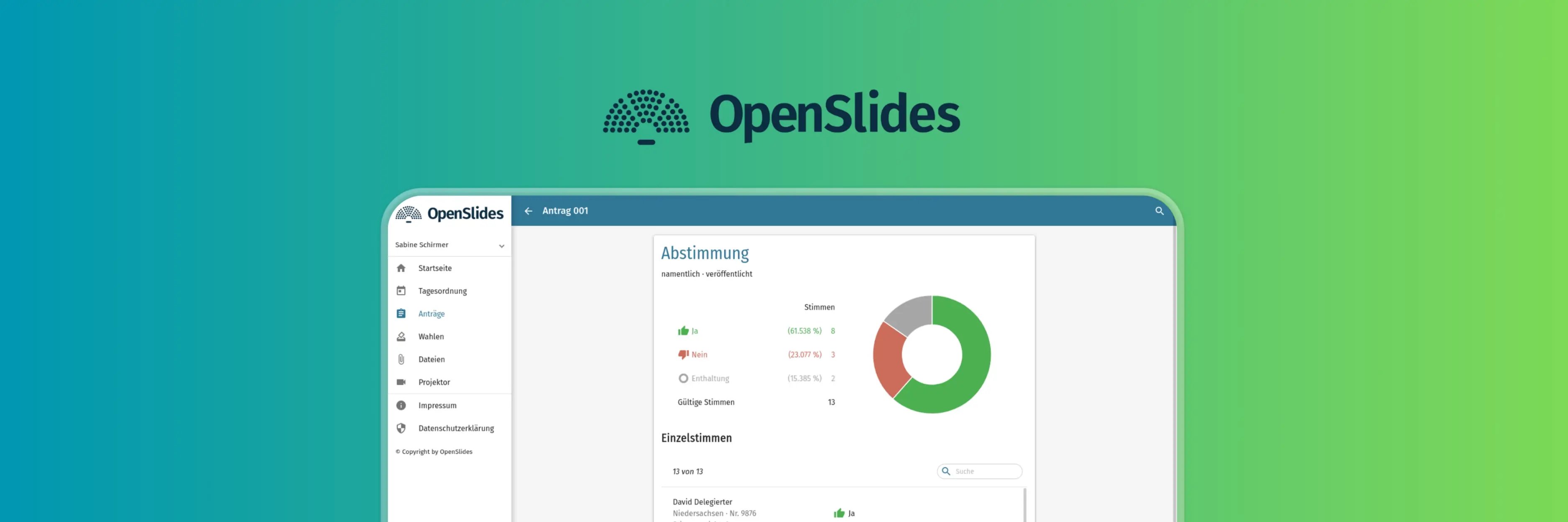 OpenSlides voting results interface displaying a digital vote outcome dashboard with charts, vote counts, and participant responses.