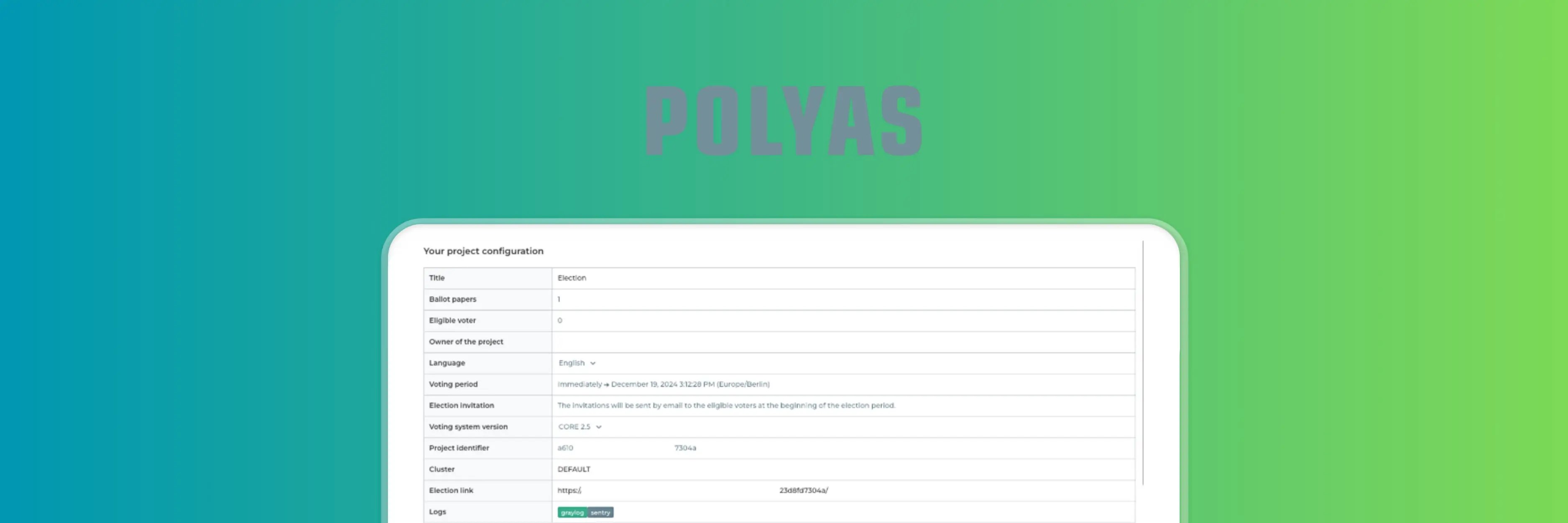 POLYAS online voting platform showing project configuration settings, including election title, ballot papers, eligible voters, language, voting period, email invitation details, voting system version, project identifier, and election link.