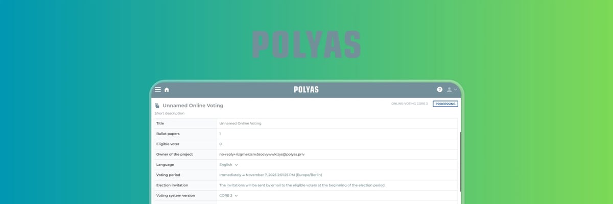 POLYAS online voting setup dashboard showing configuration details for an unnamed election, including ballot papers, eligible voters, language, voting period, email invitation settings, and voting system version status marked as Processing.