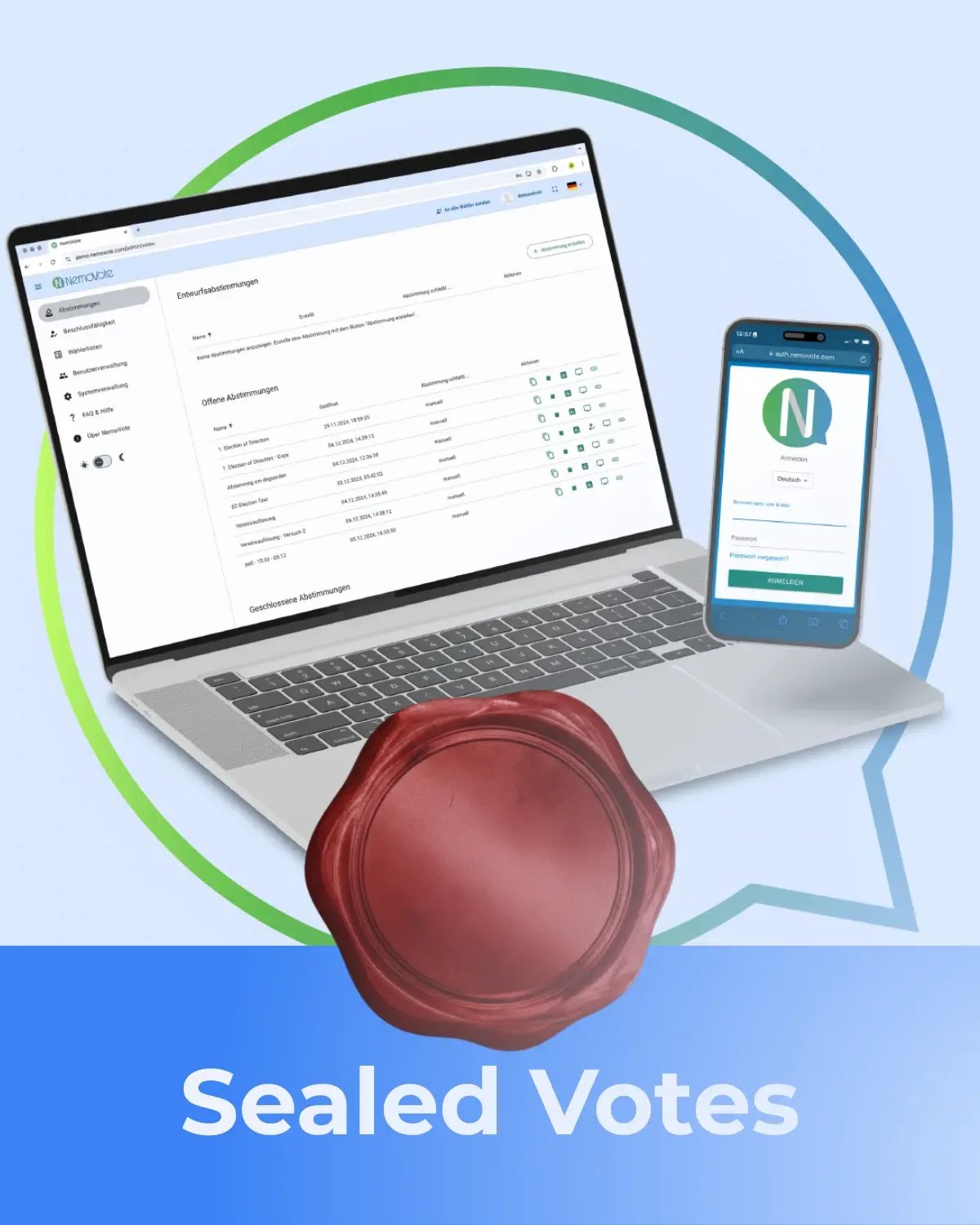 notebook and smartphone with nemovote app and seal in front of both. below the text "sealed votes"