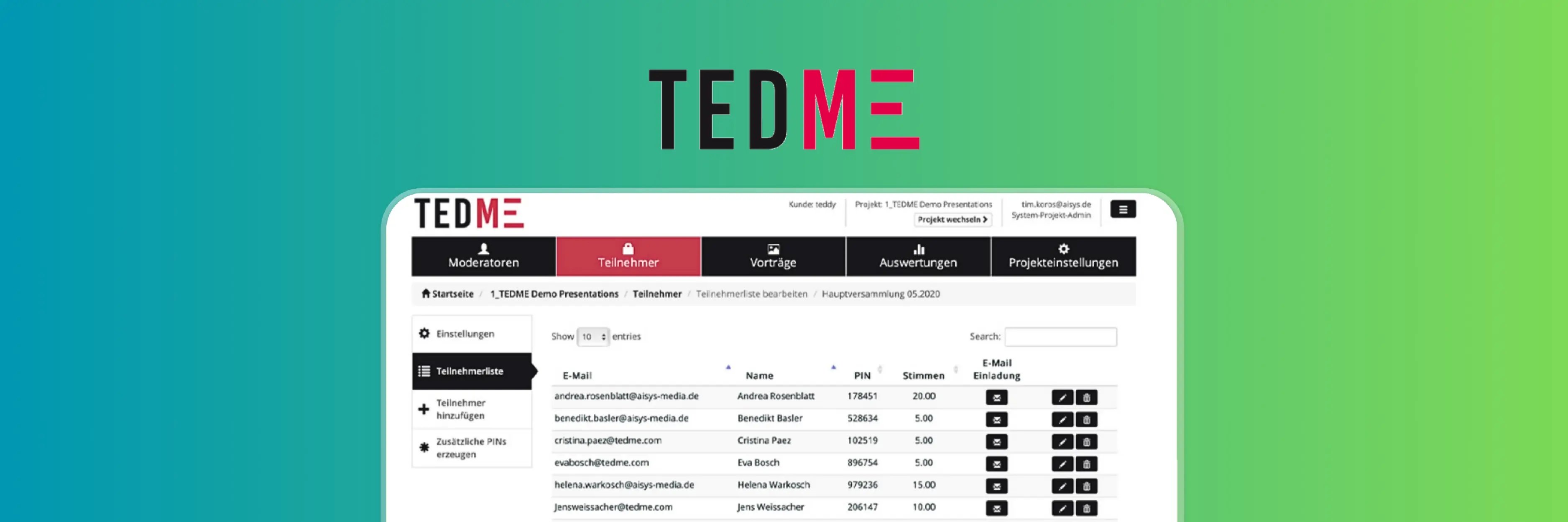 TEDME-Teilnehmerverwaltungs-Dashboard mit Wählerliste, E-Mail-Einladungen, PIN-Codes und Einstellungen zur Stimmgewichtung für die Verwaltung digitaler Wahlen.