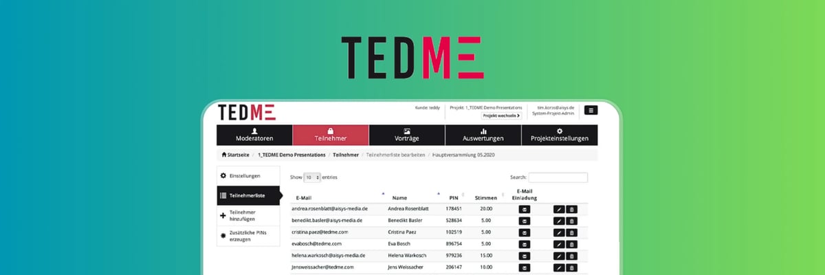 TEDME participant management dashboard showing voter list, email invitations, PIN codes, and vote weight settings for managing digital elections.