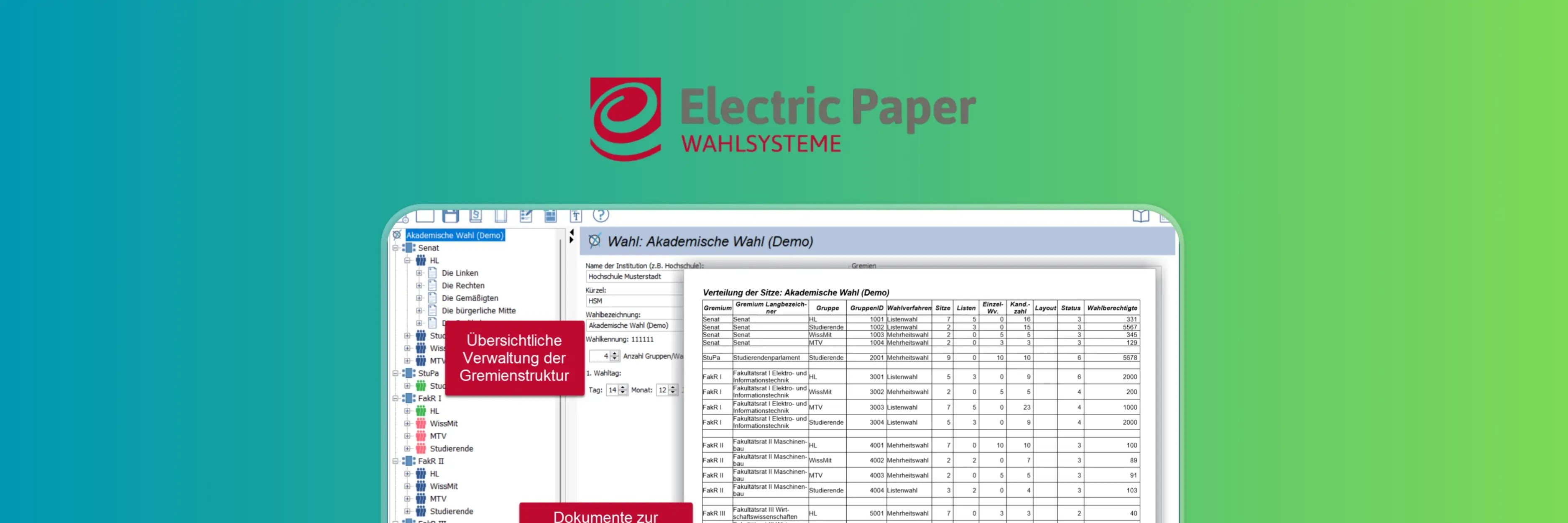 UniWAHL-Wahlverwaltungs-Dashboard von Electric Paper mit strukturierter Verwaltung von Gremien, Sitzverteilungen und akademischen Wahlprozessen.