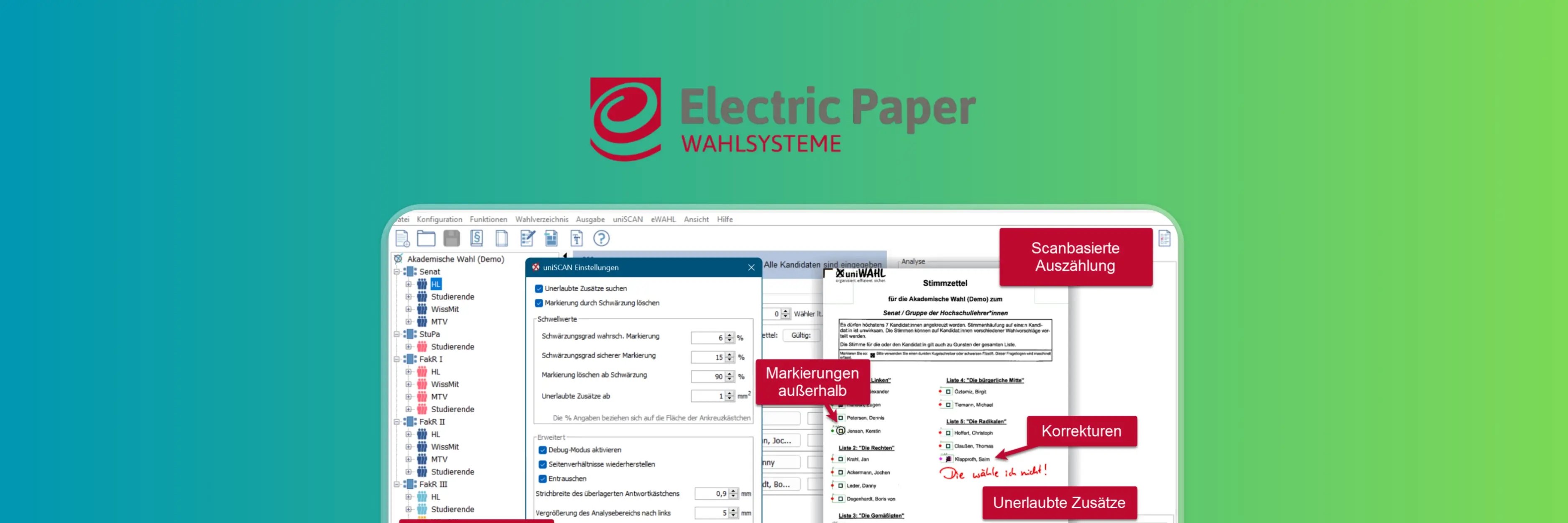 UniWAHL-Wahlverwaltungsoberfläche von Electric Paper mit Funktionen zur Stimmzettelerfassung, Stimmenauszählung, Korrektur und Validierung für institutionelle Wahlen.