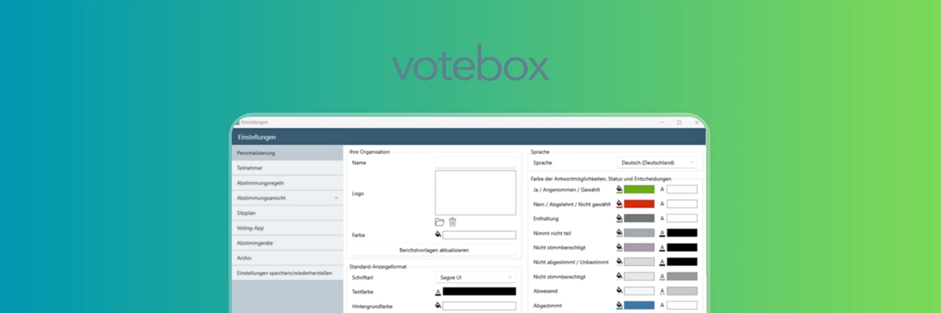 VoteBox Einstellungsoberfläche, die Anpassungsoptionen für Organisationsdetails, Sprache, Farben, Abstimmungsstatus und Anzeigeeinstellungen zeigt.