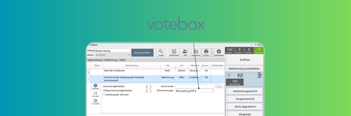 VoteBox Verwaltungsoberfläche für Abstimmungen, die Tagesordnungspunkte, Abstimmungseinstellungen, Quorumsüberwachung und Echtzeit-Teilnahmedaten während einer digitalen Sitzung anzeigt.