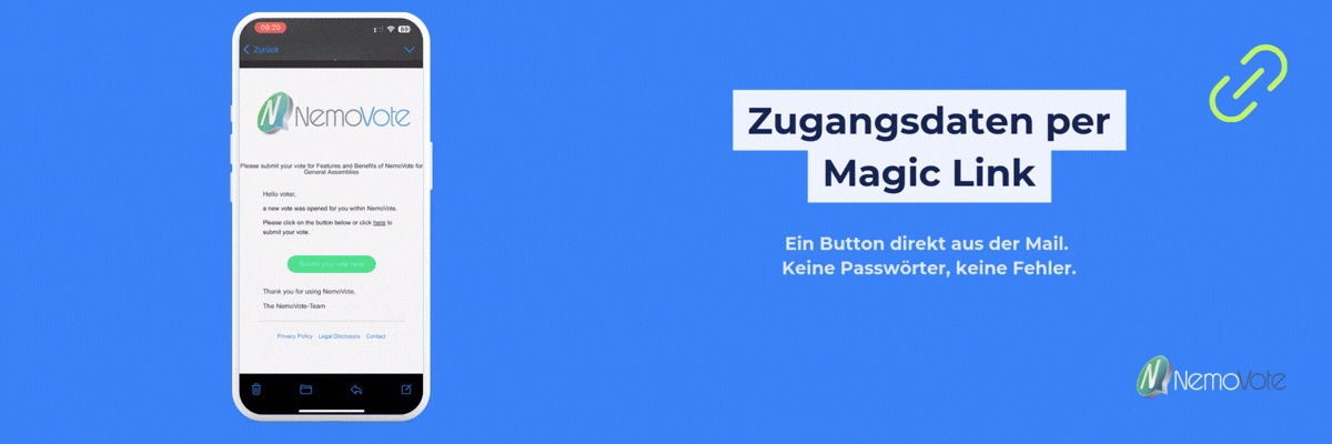 Text: Wählerzugang per magischem Link. Ein Button direkt aus der E-Mail. Keine Passwörter, keine Fehler. Links ein animiertes Smartphone, das die Einladungs-E-Mail, den Button ohne Anmeldedaten und den direkten Zugang zum Wahlzettel anzeigt.