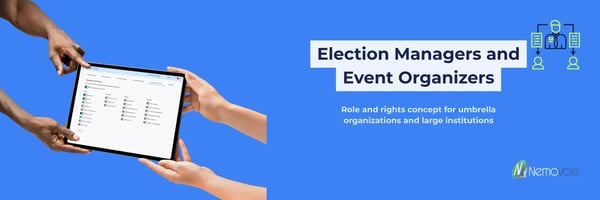 Text: Election supervisor and event organizers: Role rights concept for umbrella organizations and large institutions, next to it an icon of a person delegating to other people and a screenshot of NemoVote's permission view on a tablet with hands pointing at it.