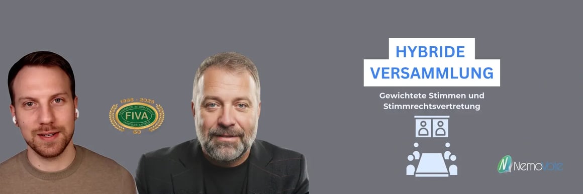 Gian Mario Mollar und Aaron Lesicar auf der linken Seite, in der Mitte das Fiva-Logo. Daneben der Text „Hybridversammlung, gewichtete Stimmen und Stimmrechtsvertretung“ sowie das Nemovote-Logo.