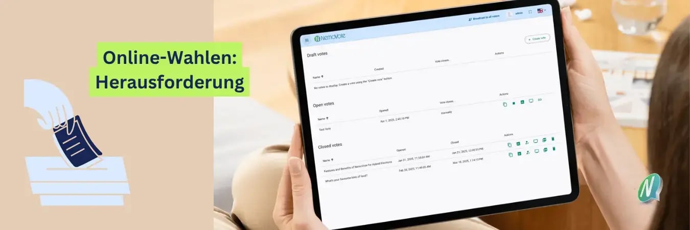 NemoVote auf Tablet in der Wahlleiter-Ansicht. Gemütliche Umgebung mit warmen Farben. Stimmzettel Icon bei Stimmabgabe und Text "Online-Wahlen: Herausforderung"