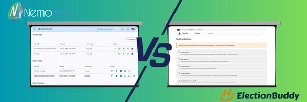 Side-by-side comparison image showing the NemoVote dashboard on the left and the ElectionBuddy notice options page on the right, separated by a VS line on a green–blue gradient background