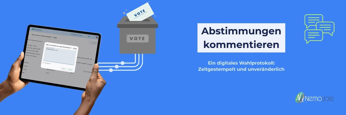 wahlleiter kommentiert auf tablet die wahl "delegierter ist wieder da 14 uhr 42" mit minimalistischer übertragung and wahlurne. text "abstimmung kommentieren, digitales wahlprotokoll: zeitstempel und unveränderlich"