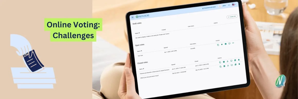 NemoVote on tablet in election officer view. Comfortable environment with warm colors. Ballot icon when voting and text “Online elections: a challenge.”