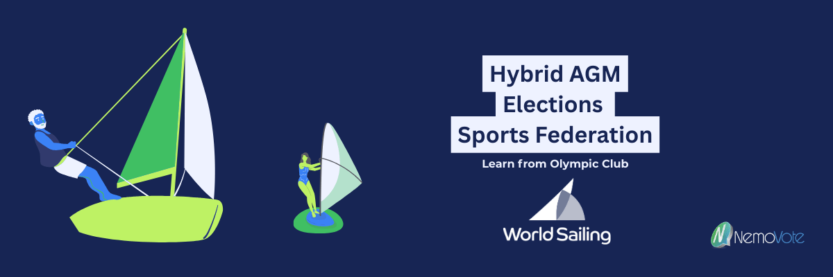 Hybrid AGM elections sports federation. Learn from olympic club. World Sailing Logo and NemoVote logo. Two avatars sailing and windsurfing
