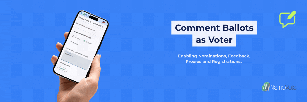 Kommentar des Wahlleiters, der über NemoVote an die Wahlurne gesendet wird. Text: "Kommentar stimmt als Wahlleiter ab und steigert die Governance mit einem digitalen Protokoll: zeitgestempelt und unveränderlich".