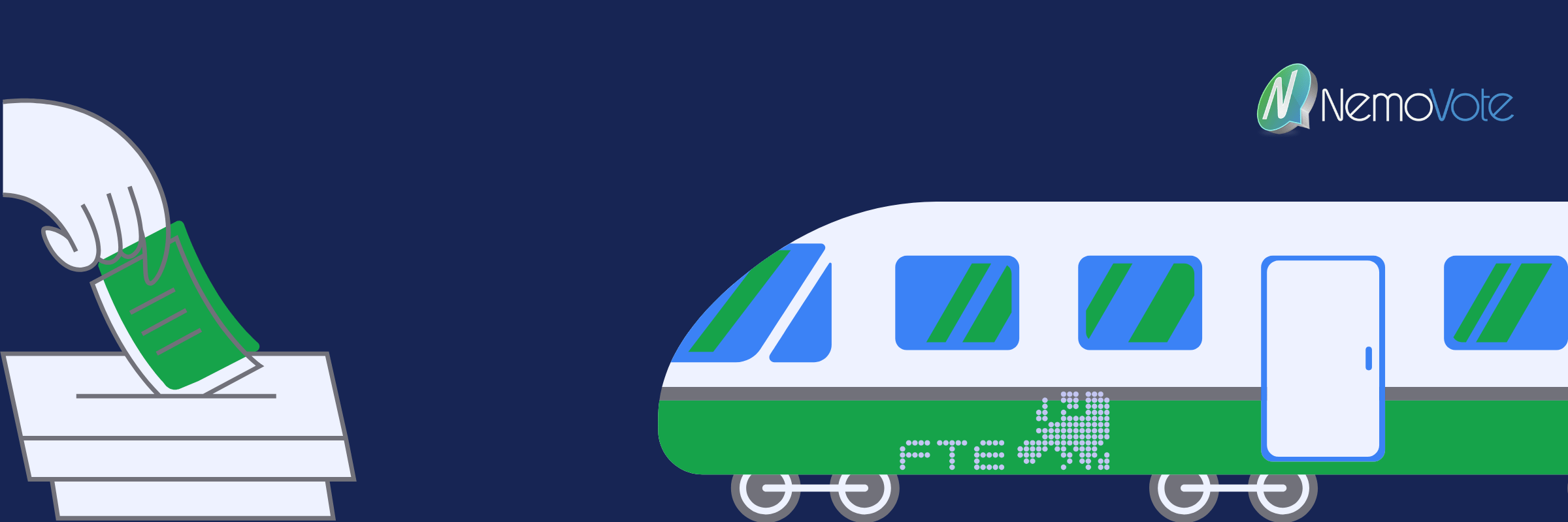 train rolling with forum train europe and nemovote logo towards a voting icon with someone casting a ballot like a hybrid annual meeting