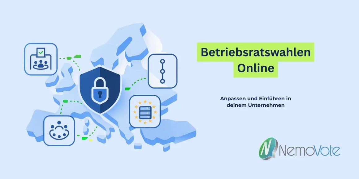 Betriebsratswahlen online. Wie Sie das in Ihrem Unternehmen anpassen und umsetzen können. Links eine minimalistische Europakarte mit Sicherheits- und Wahlsymbolen, rechts das Nemovote-Logo.