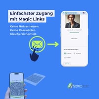 text: einfachster zugang mit magic links. keine nutzernamen. keine passwörter. gleiche sicherheit. dazu ein email icon mit einem button icon das auf einen digitalen stimmzettel auf smartphone zeigt. darunter ein qr code, der von einem handy gescannt wird.