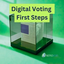 modern transparent ballot box with vote inside. bottom right "NemoVote" logo. text "digital voting first steps"