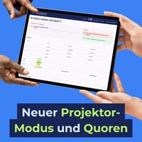 nemovote projektor ansicht auf tablet mit ergebnissen, graphisch als balken, tablellarisch, ausgewertet nach quoren und beteiligung, sowie dauer